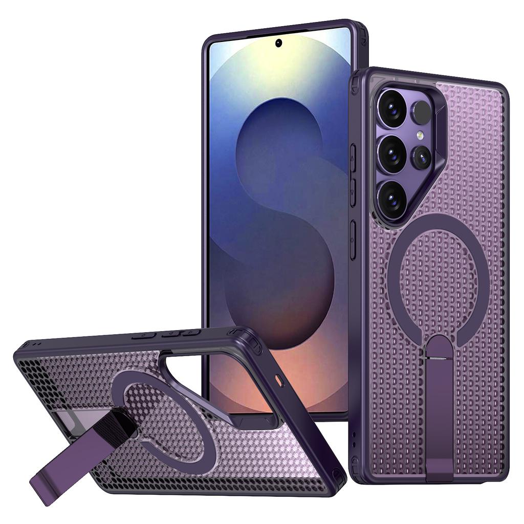 For Samsung Galaxy S25 Ultra Magnetic Case Kickstand Grid Texture TPU PC Phone Back Cover