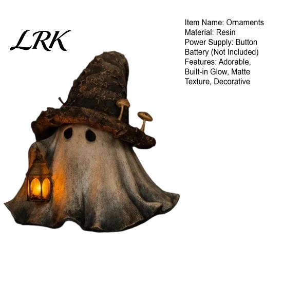 Herbstfest-Ornament Halloween Geist Zaubererhut Harzfigur mit LED-beleuchteter Laterne, Vintage handgefertigte Tischhexe für Schreibtisch
