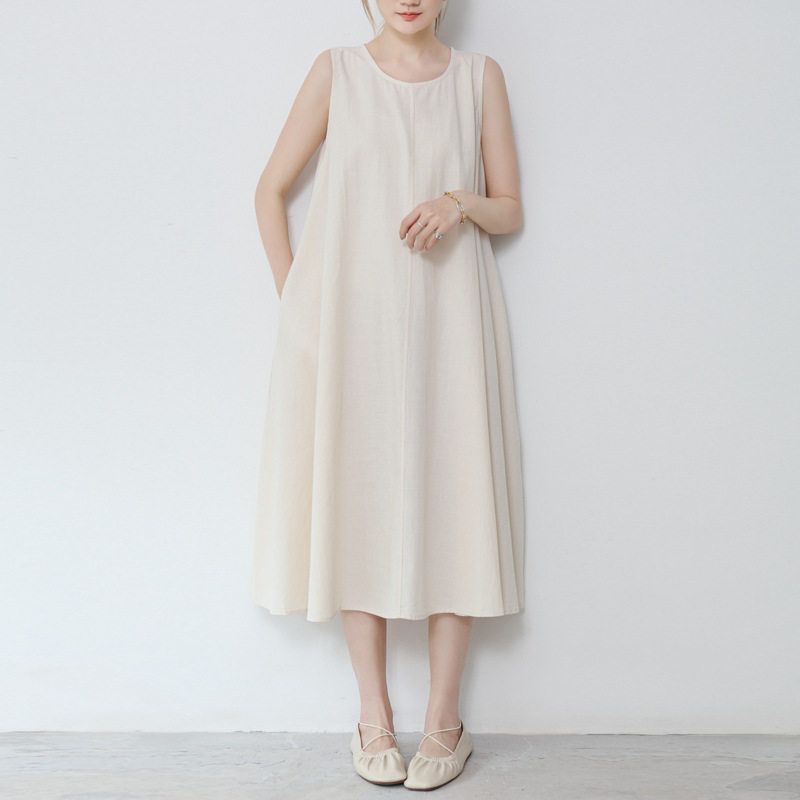 Real Shot of the New Model in Stock: 2022 Summer New Style, 3-Color Sleeveless Dress, Women s Loose Cotton-Linen Dress Beige M