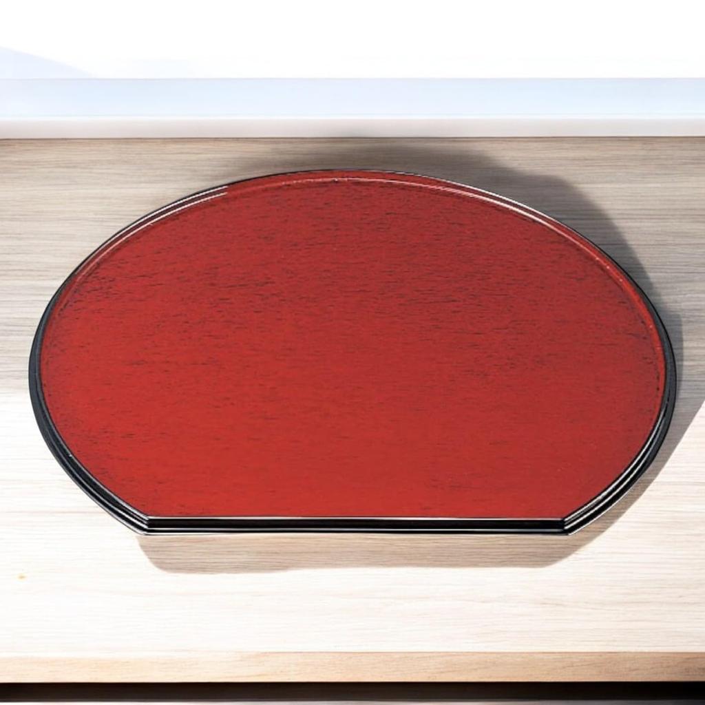 Tray with Bishamon Black with ABS Made In Japan J-kitchens 3-shaku, Half-moon Double-sided (tray) Goto-nuri Lacquerware, Non-slip, Vermilion-red
