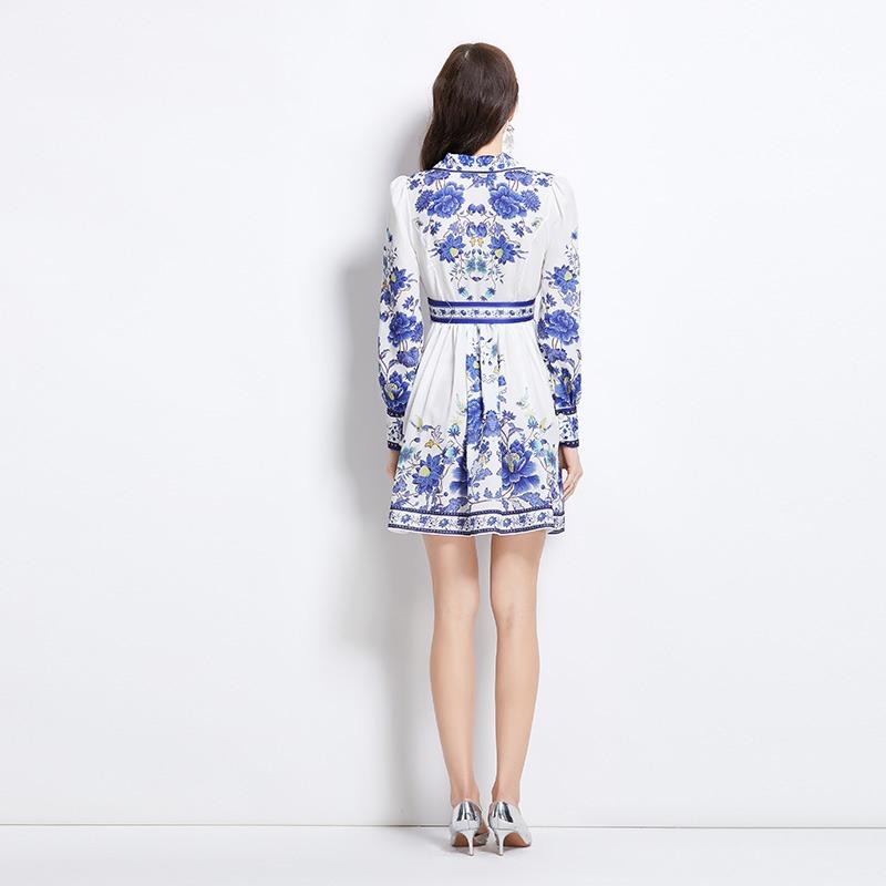 Summer Autumn Women Vintage Palace Print Designer Runway Dress Blazer Collar Party Mini Short Dresses with Belt