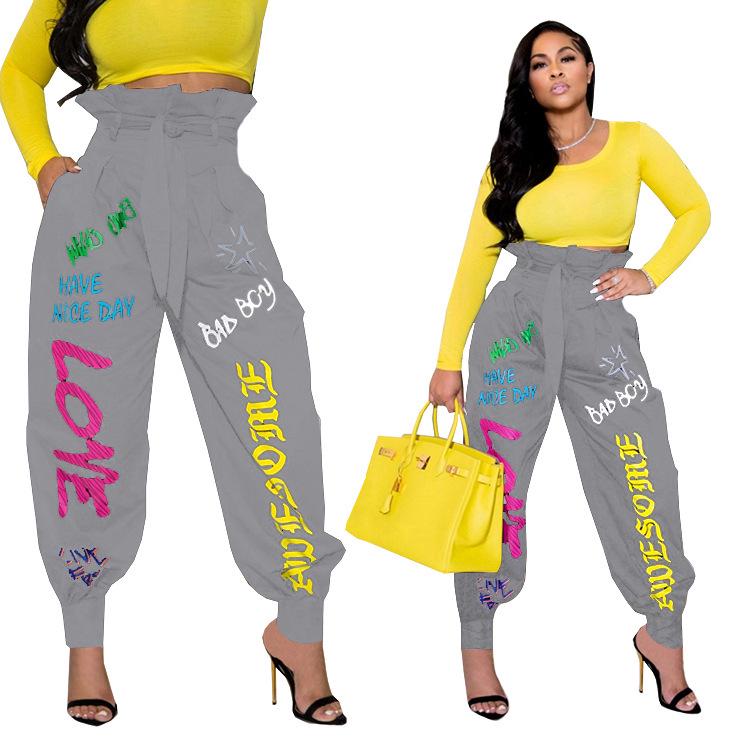 

JH5856 Женские повседневные брюки в европейском и американском стиле с оборками, шнуровкой и принтом, с поясом Extra Large серый