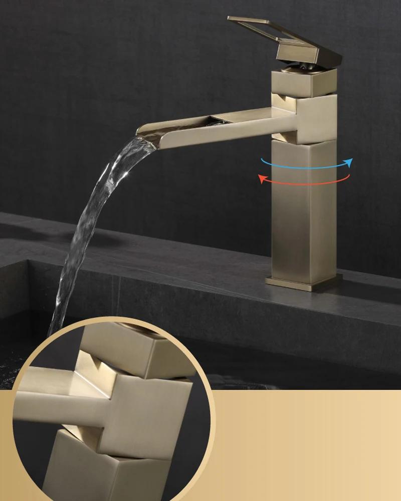 Black Gold Faucet Stainless Steel Waterfall Faucet Mixed Faucet Countertop Hot Cold Mixed Water Taps Bathroom Faucet Single Hole