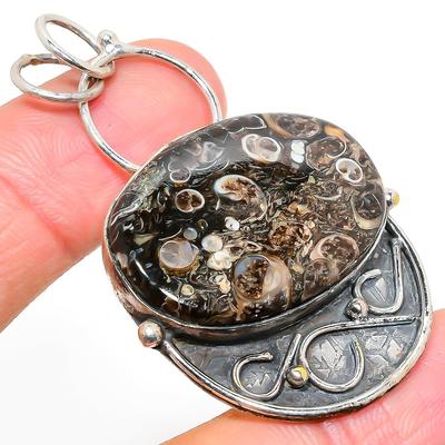Natural Turritella Fossil Gemstone 925 Sterling Silver Pendant 2.25" L2N73