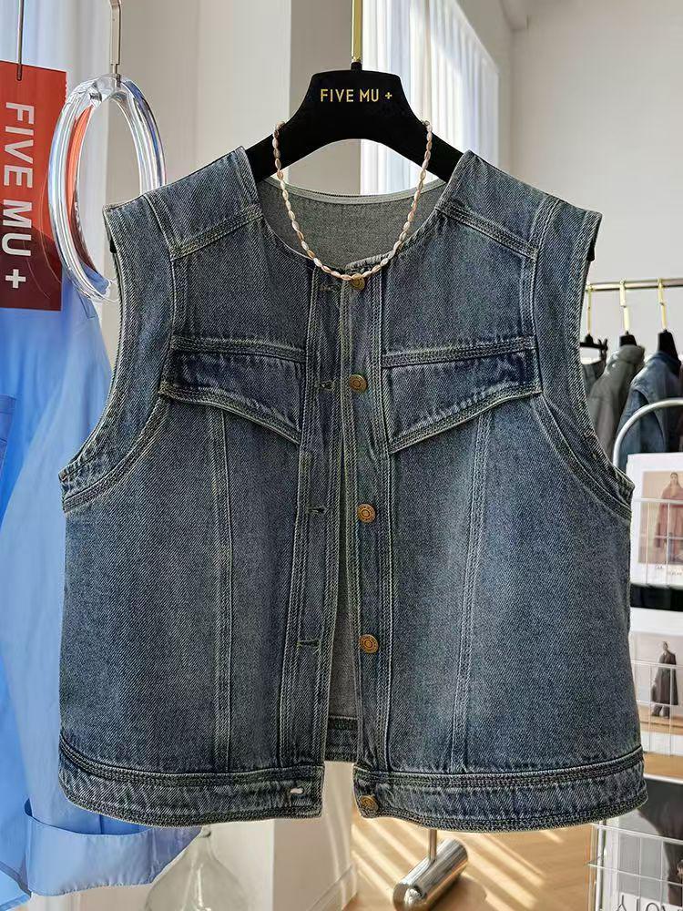 

Women s Chic Denim Vest - Versatile Round Neck, Single-Breasted, Casual Spring/Summer Style XXXL