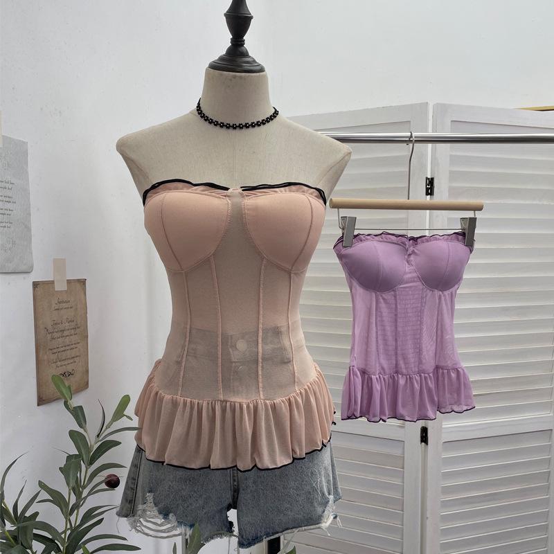 Polka Dot Mesh Bandeau Top with Padded Bustier and Open Back