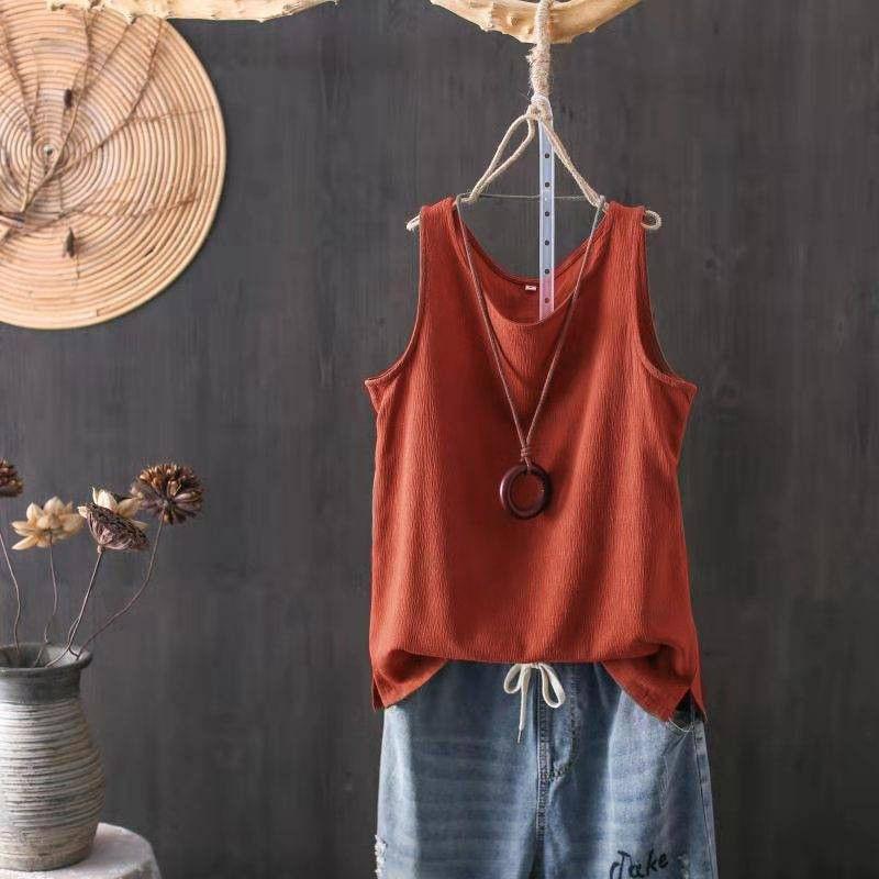 Spring/Summer Women's Knitted Tank Top Solid Color Artistic Retro Loose Cotton and Hemp Bottom Shirt Strap Top