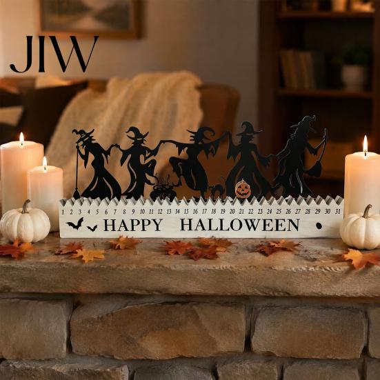 Halloween Gift for Kids Wooden Countdown Calendar, Dancing Witch 31 Day Timer with Seasonal Interior Decor Sliding Pumpkin, Spooky Silhouette Tabletop