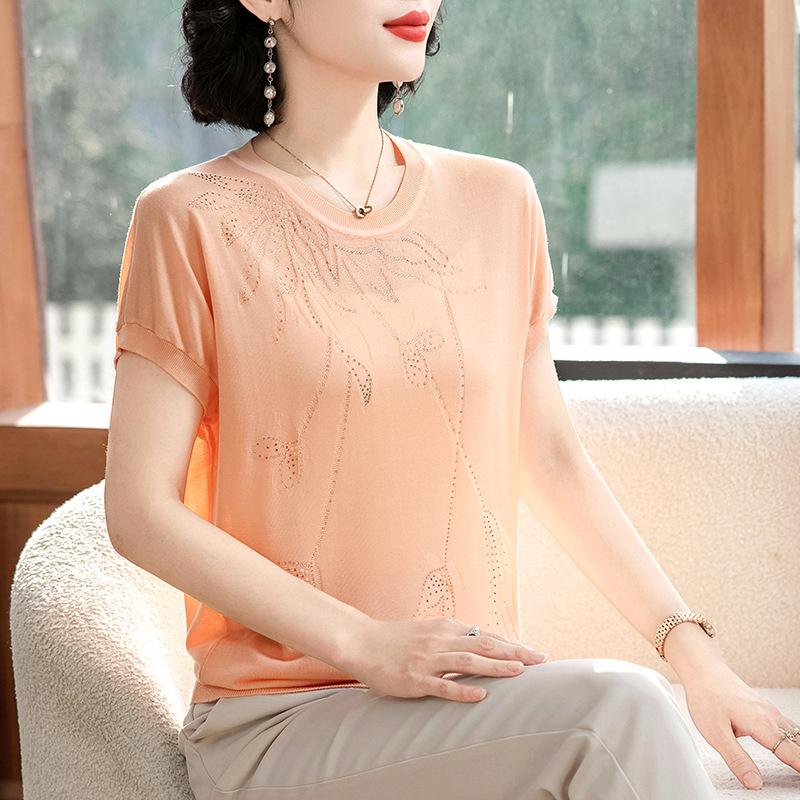 Damen Eisseide Strick-T-Shirt, Kurzarm, Sommerstil für Alter 40-50