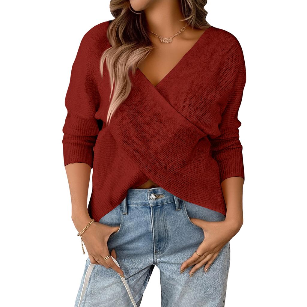 Women's Relaxed Patchwork V,neck Loose Long,sleeved Polyester Sweater
