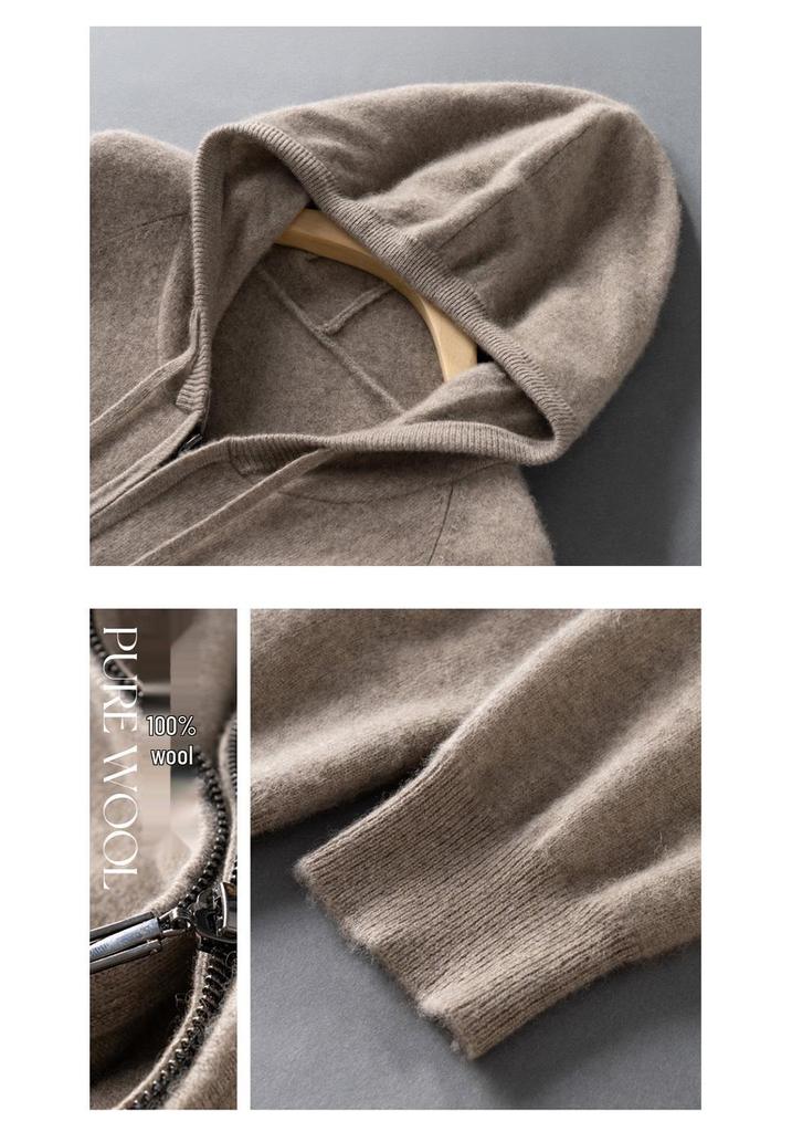 Men's Hooded Wool Cardigan - Solid Color, Zipper, Drawstring, Loose Fit Knitted Sweater Jacket