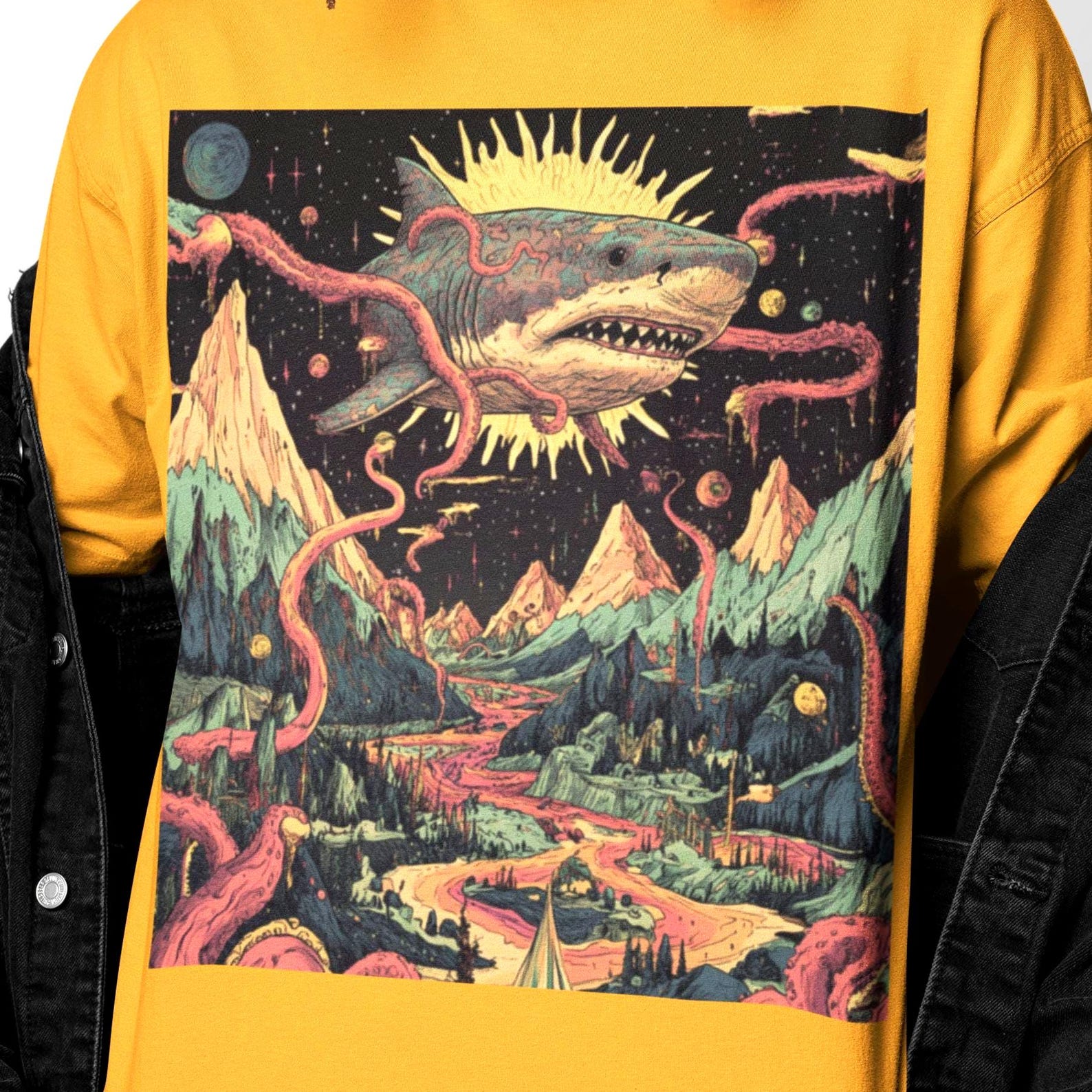 Surreal Shark Shirt | Trippy Shark Graphic Tee | Psychedelic Cosmic Sea Creature Horror T Shirt | Fantasy Shark Gift 2XL