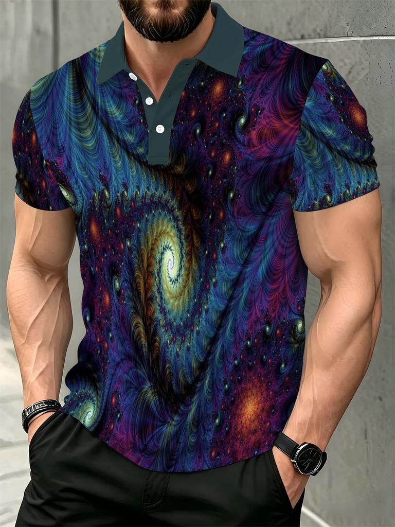 Men's Dark-Bottom Blue-Purple-Golden Cosmic Fractal Swirl Nebula Starry Sky Print Polo Shirt, Smooth Music Festival Street Vacation Top