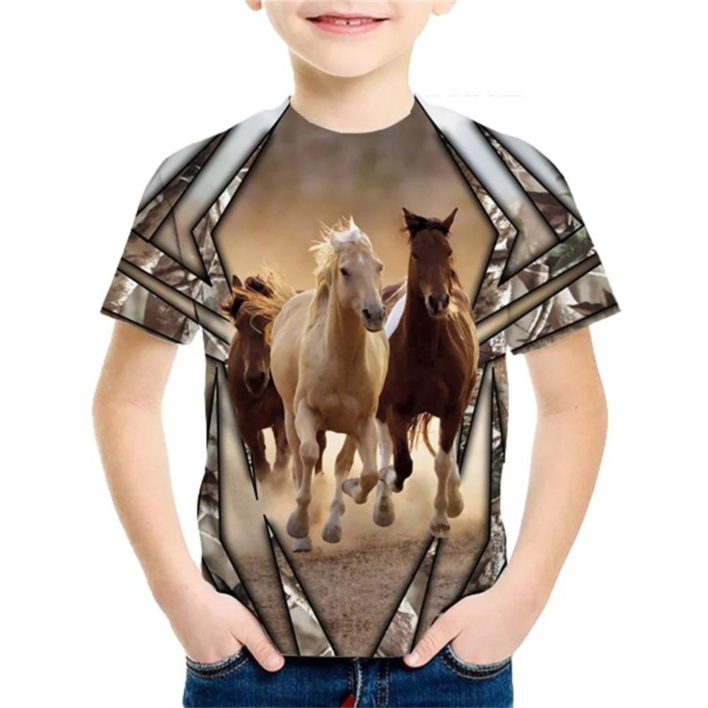 Summer Round Neck 3D Horse Pattern Printed Top Fashionable Casual Short Sleeved Children's Boy T-shirts