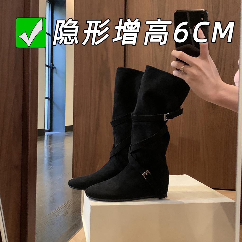 Inner height increase 6cm Korean round head buckle with soft pleated thin high boots