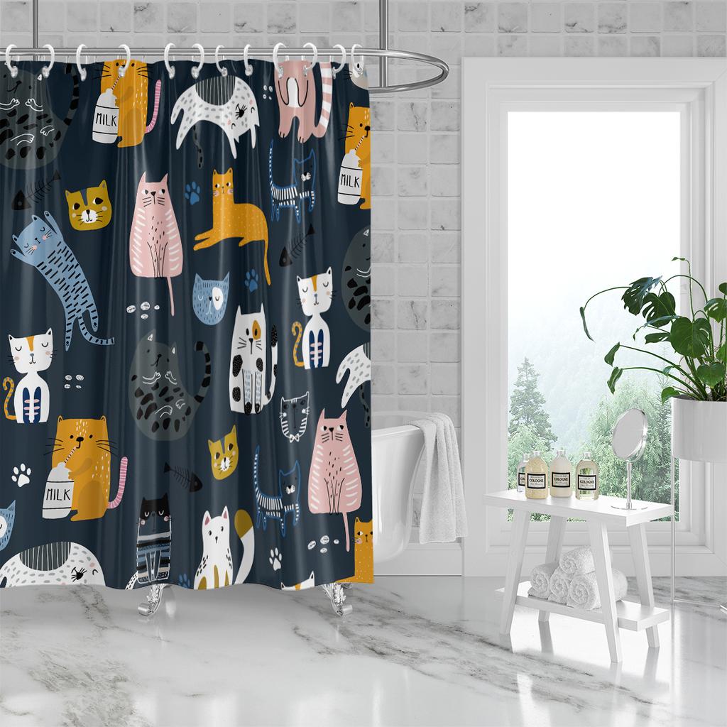 1pc Cartoon Cat Printed Waterproof Shower Curtain, Shower Partition Hanging Curtain with 12 Hooks for Easy Installation