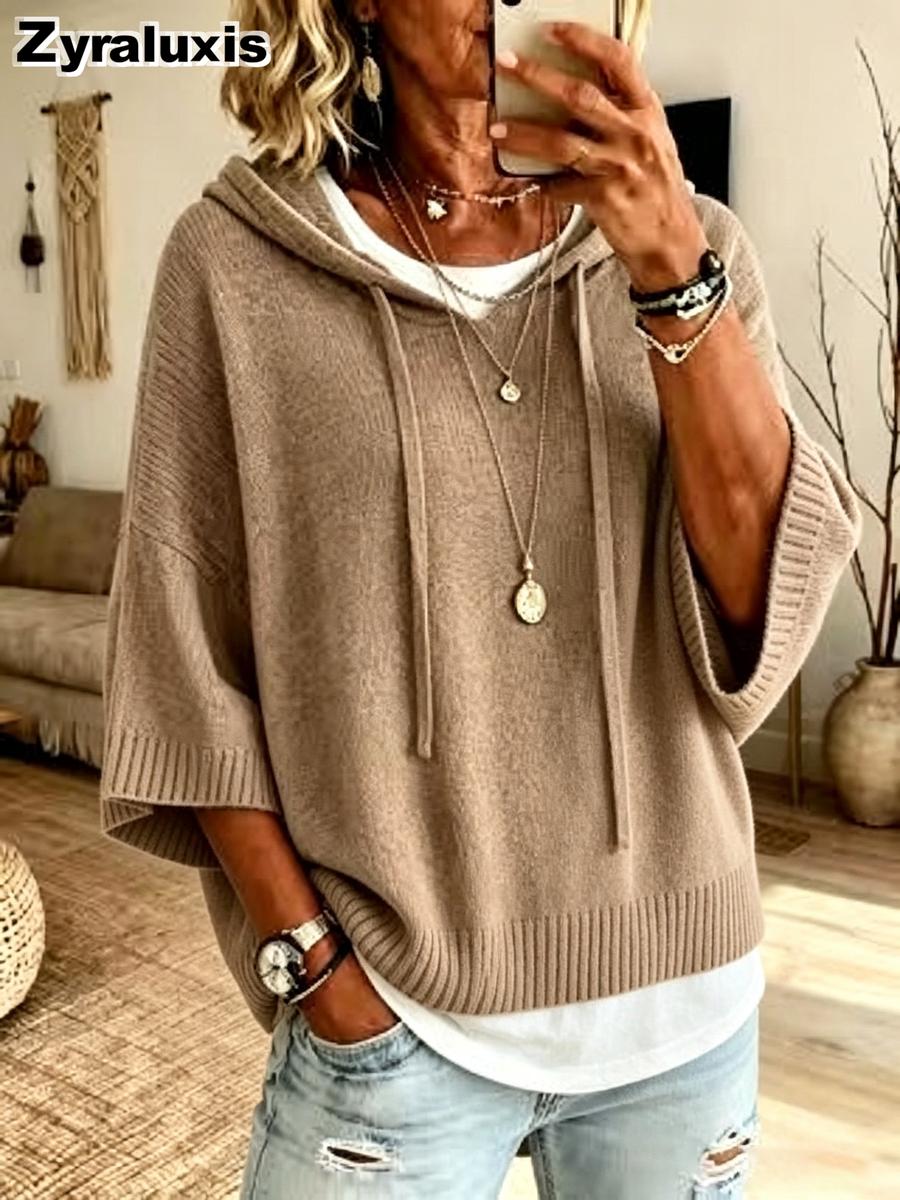 Damen Gestrickter Neuer Hoodie Sweatshirt mit Kordelzug Lässige Strickware Oberbekleidung 5XL khaki
