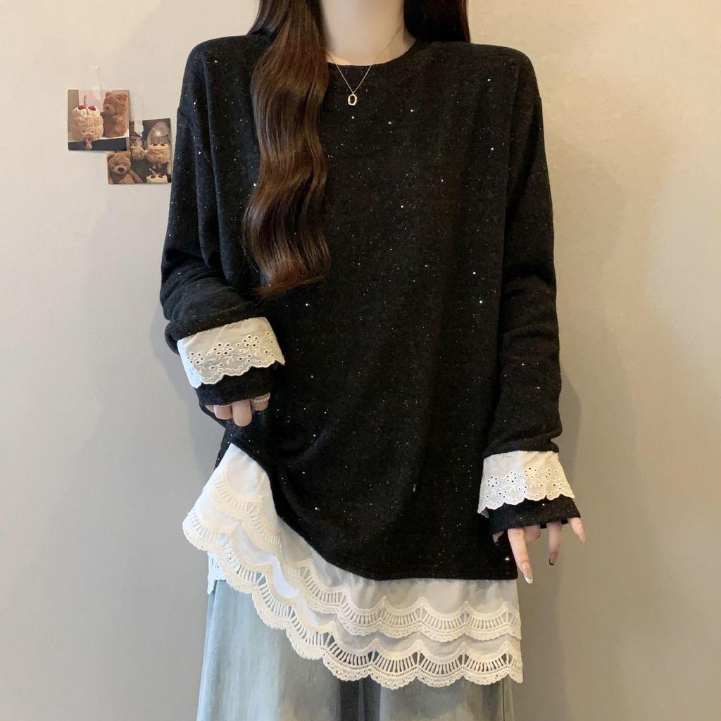 Plus Size Velvet Lace Patchwork Long Sleeve T-shirt for Women, New Autumn/Winter Style, Loose and Flattering Fit