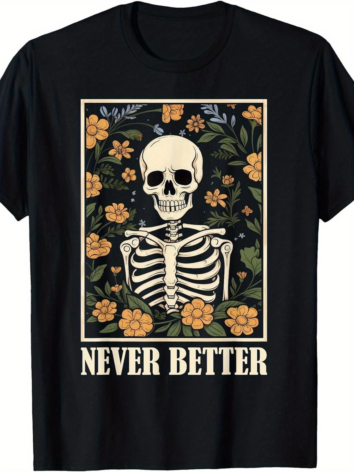 Men & Women Gothic Skeleton Skull Print T Shirt - Crew Neck Short Sleeve Tee S