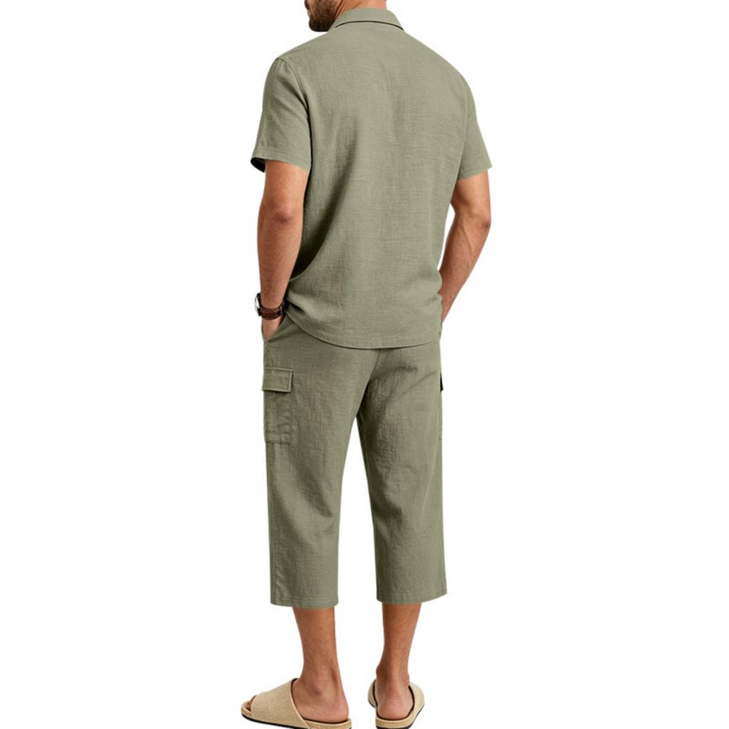 Men's Linen Short Sleeve and Cargo Shorts Set, Relaxed Fit Summer Vacation Outfit for Beach and Daily Wear