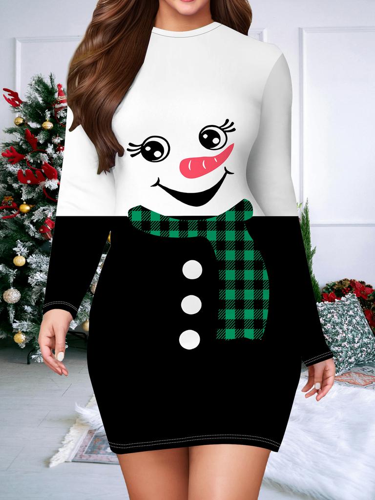 2025 Podzim a Zima Nové Dámské Šaty obepínající boky, 3D Vánoční Tisk a Barvení Dámská Móda Dlouhý Rukáv Kulatý Výstřih Sexy Šaty obepínající boky