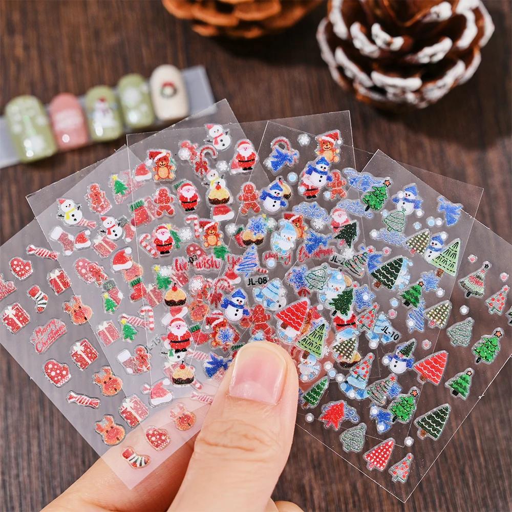 30 Stück Weihnachten Geprägt Glitzer 5D Nagelaufkleber 6*5cm Elch Schneeflocke Bär Schneemann Xmas Aufkleber Winter Maniküre Glitzer Aufkleber