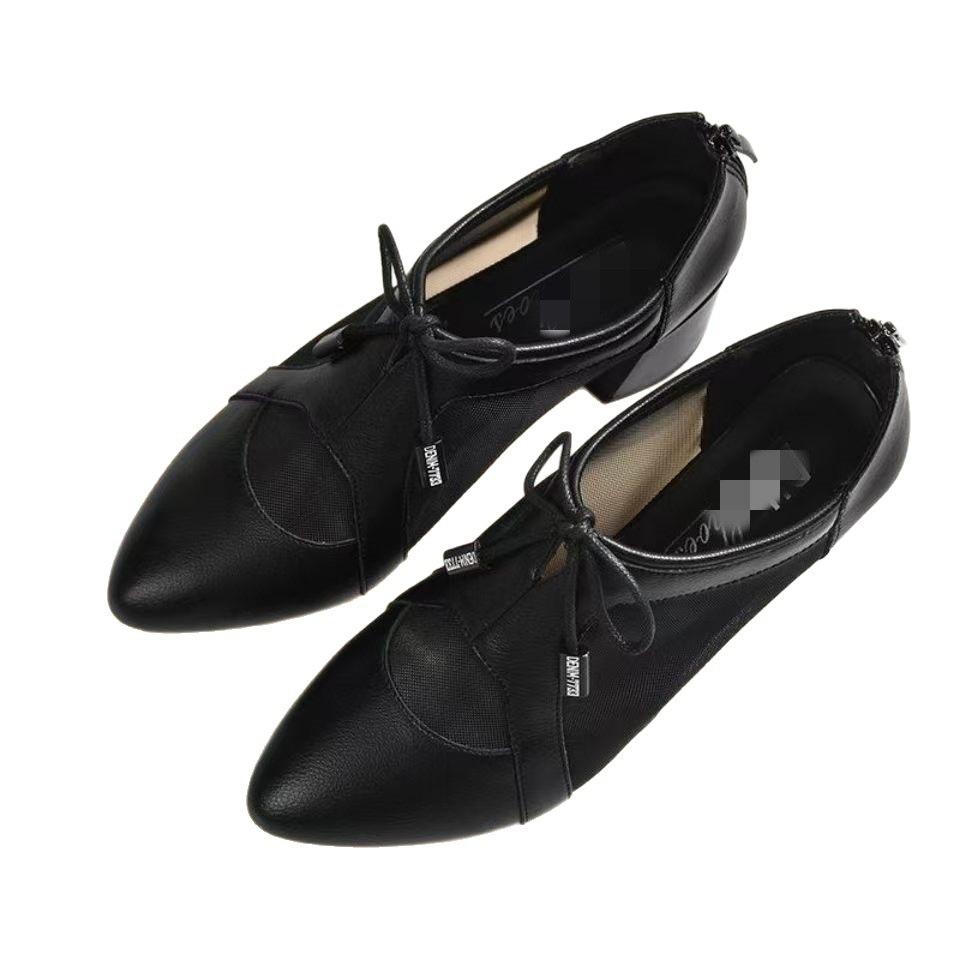 Summer mesh breathable sandals soft leather single shoes summer thick heel pointed four seasons deep thin leather shoes