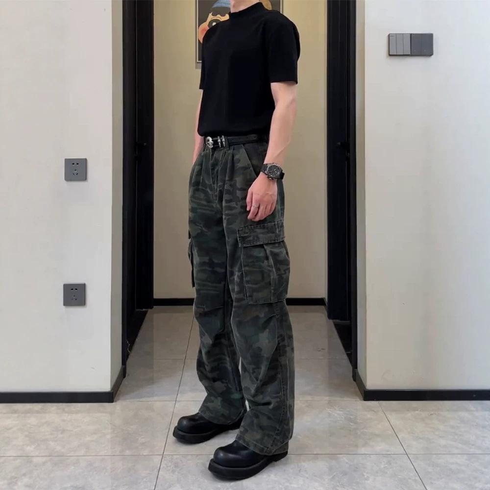 American Retro Camouflage Overalls Men's Summer High Street Vibe Casual Wide-leg Trousers Trendy Brand Versatile Straight Pants