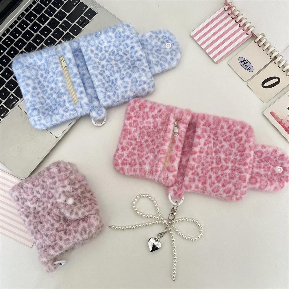 Korean Fashion Wallet Cute Pink Leopard Print Card Holder for Women Girls Portable Small Storage Bag