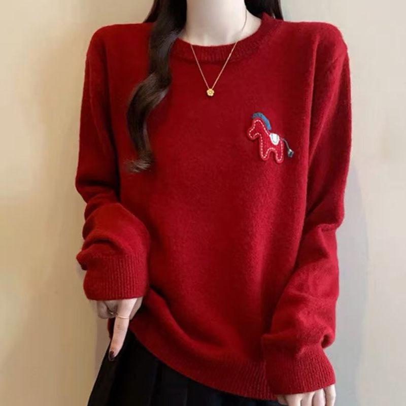 2026 Women's Versatile Red Horse Embroidery Knitwear - Spring/Autumn