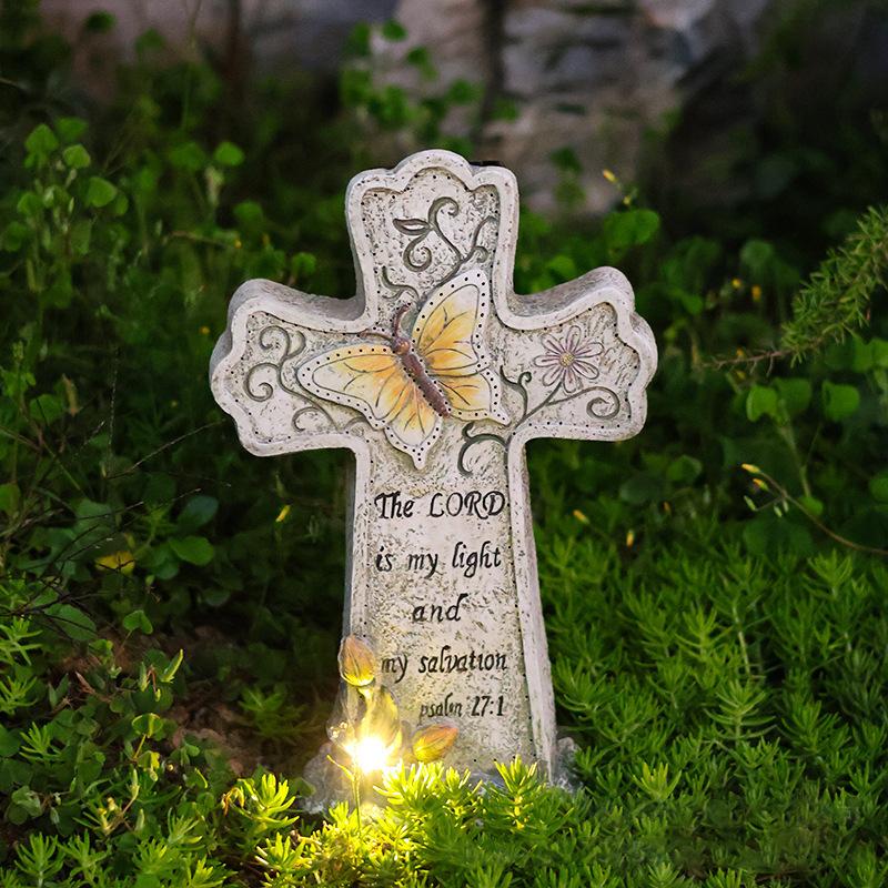 Solar Cross Statue Memorial Angel Wings Dove Butterfly Garden Light Religious Decoration Sympathy Gift For Cemetery Yard Grave