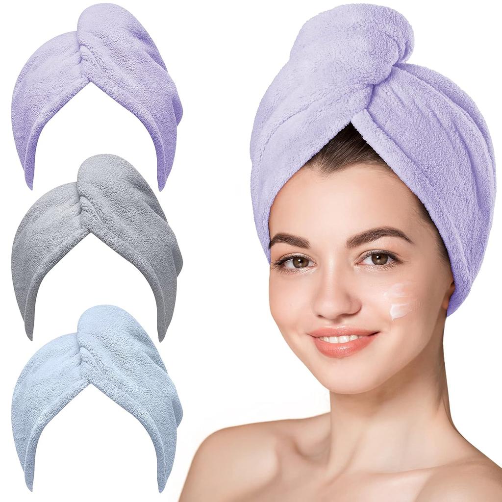 Microfiber Hair Towel, 3 Packs Hair Turbans for Wet Hair, Drying Hair Wrap Towels for Curly Hair Women Anti Frizz (Blue,Grey,Pink)