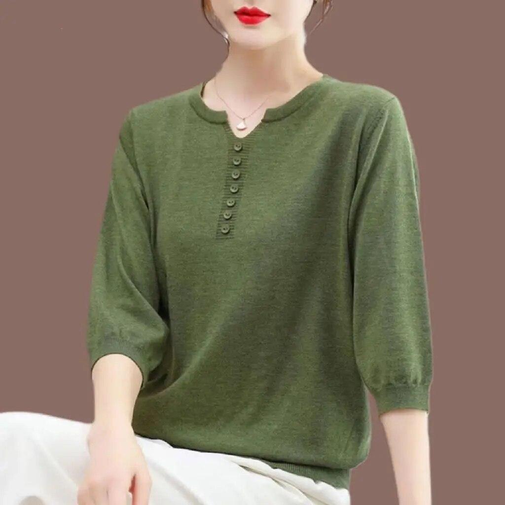 Korean Fashion Women Big Size Knit T-Shirt Female Clothing Spring Summer 3/4 Sleeve Pullover Tees Loose Casual Solid Vintage