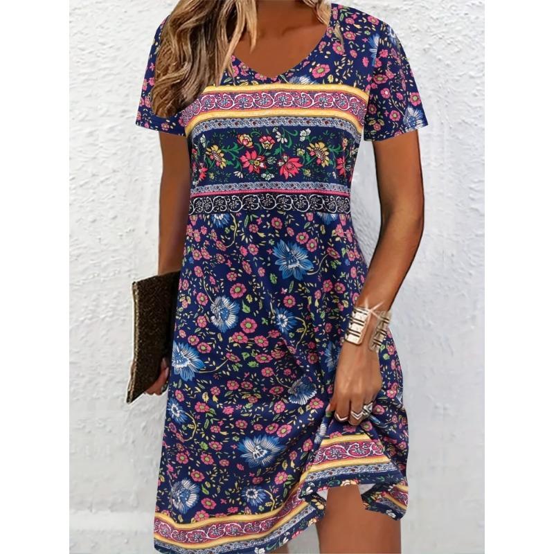 Zomerse Bloemen Damesjurk Mode Casual Boho Strand Zomerjurk Korte Mouw V-hals Sexy 3D Print Losse A-lijn Jurk Femme Vestidos