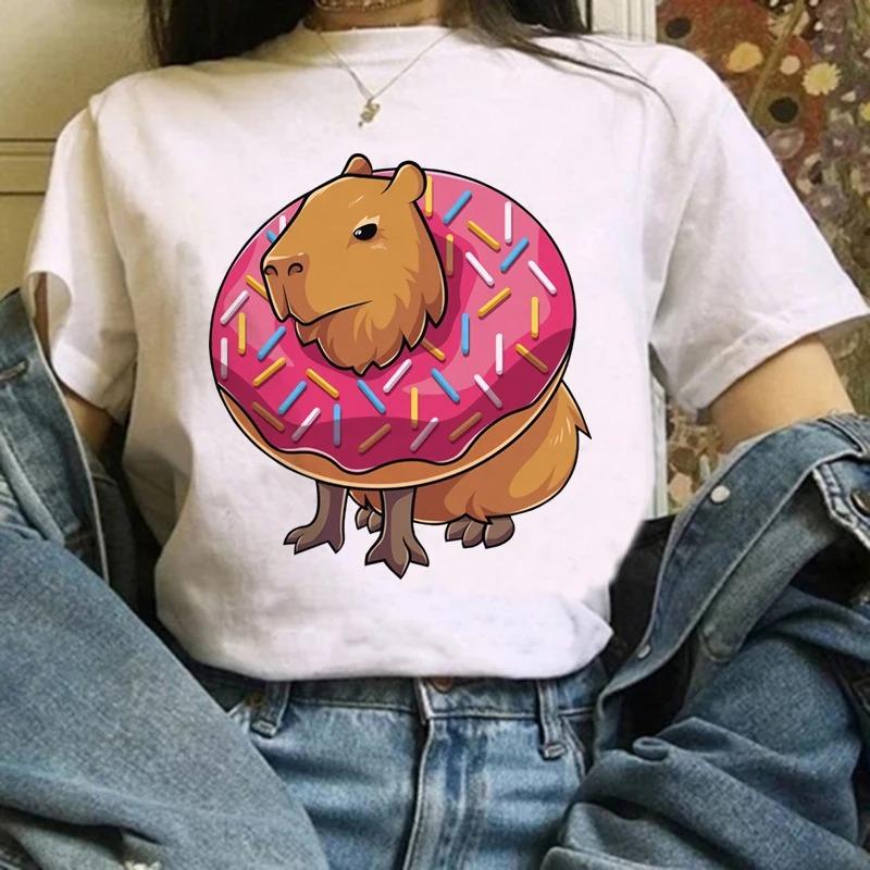 

New Funny Capybara T Shirt Women Capybara Drinks Boba Kawaii Tshirt Top Women Y2k Fashion Cartoon Short Sleeve Tee Summer Tops S