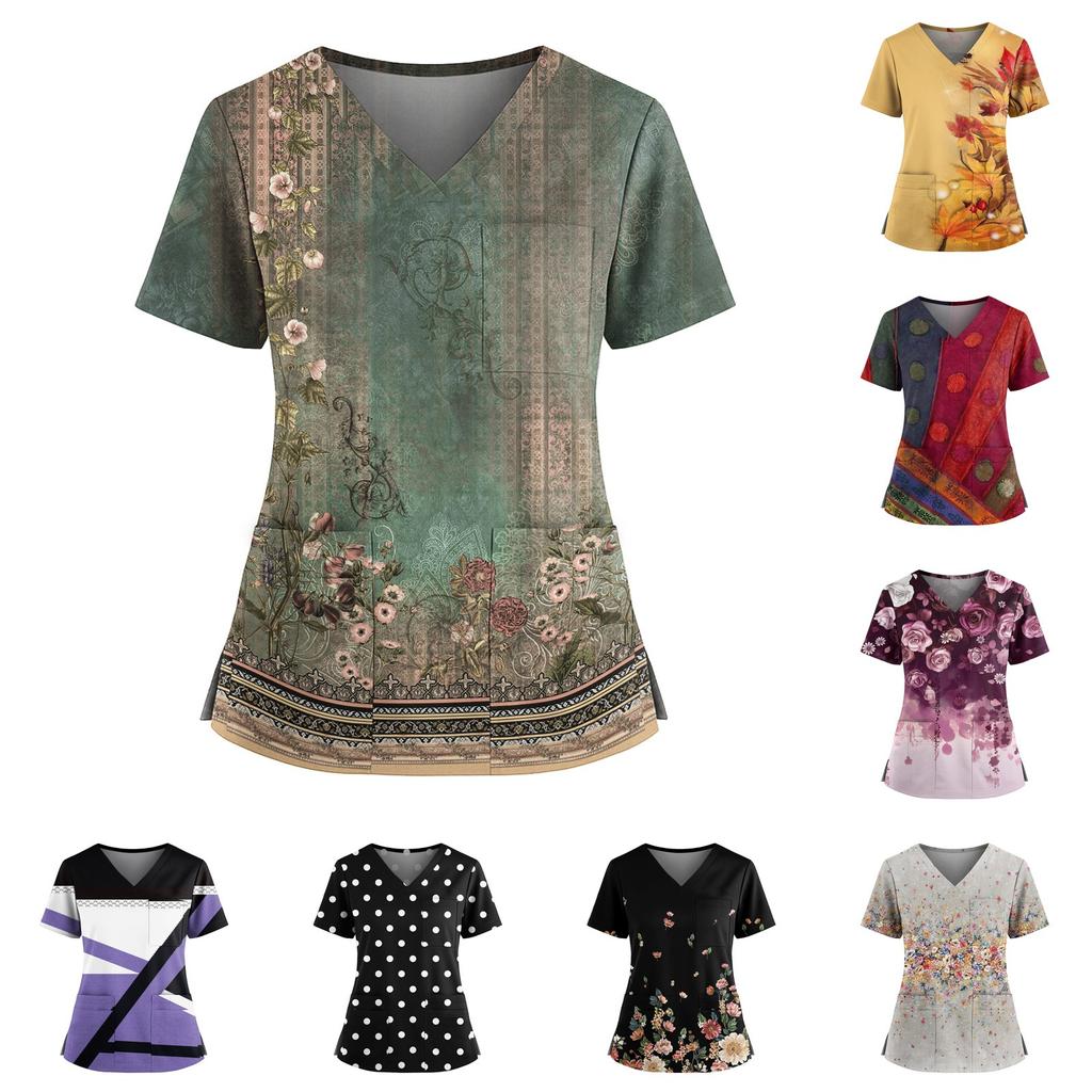 Women's Casual Printed V-Neck Pocket Side Slit Short Sleeved Top Short Sleeved Top