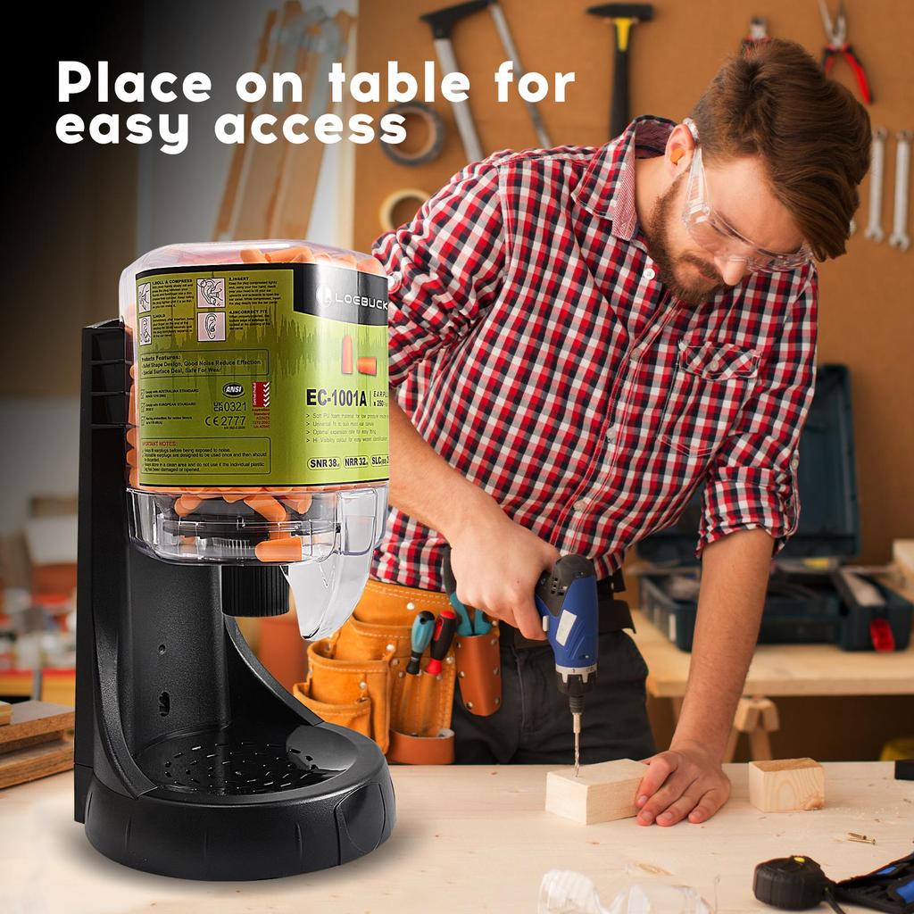 LOEBUCK Earplug Dispenser Station for Sound Suppression/Hearing Protection - Pre installed 500 Earplugs - Wall mounted/Desktop Design (Model EPD-500)