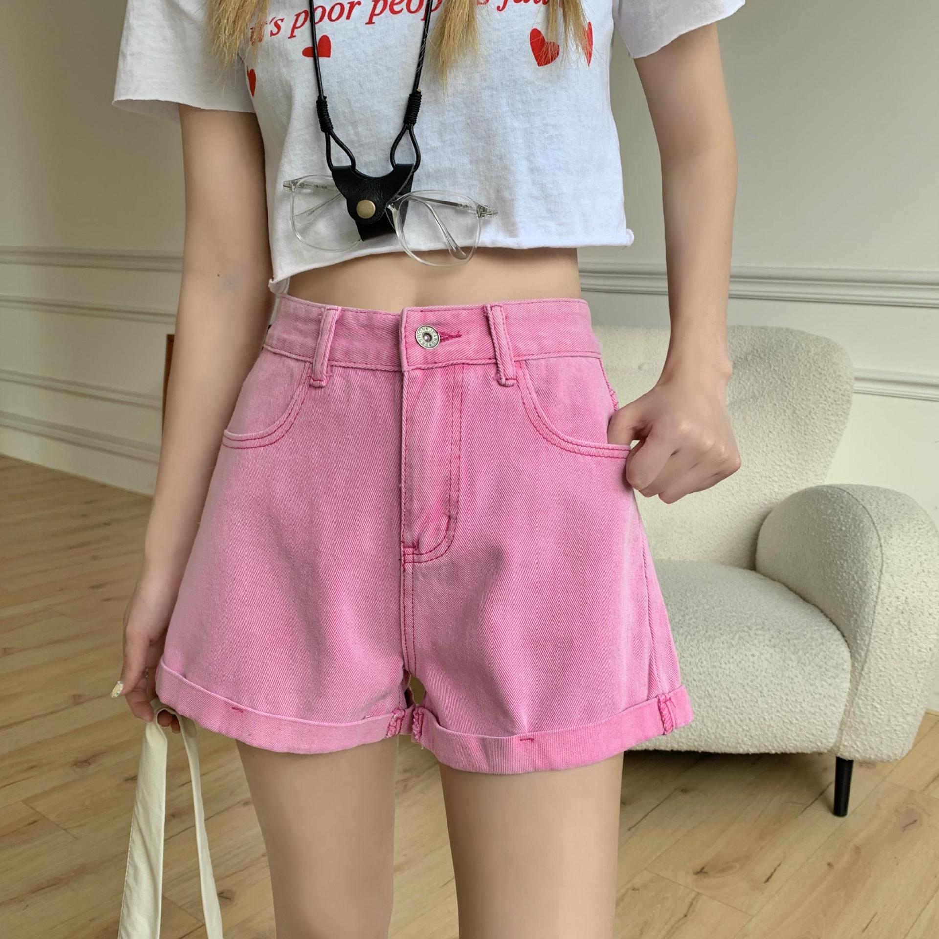 

Літні жіночі повсякденні тонкі джинсові шорти FGHJ із завищеною талією XL Яскраво-рожевий