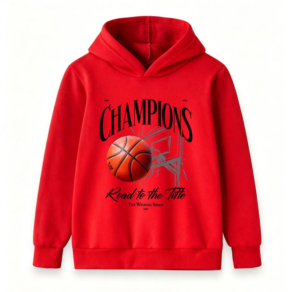 Kids Boys Girls Basketball Champions Print Pullover Hoodie Casual Long Sleeve Road To The Title Graphic Hooded Sweatshirt For Sports Daily Wear