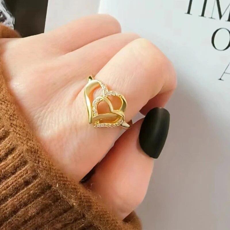 ANENJERY Double Love Heart Shiny Zircon Ring For Women Romantic Sweet Ring Wedding Engagement Jewelry Party Accessories