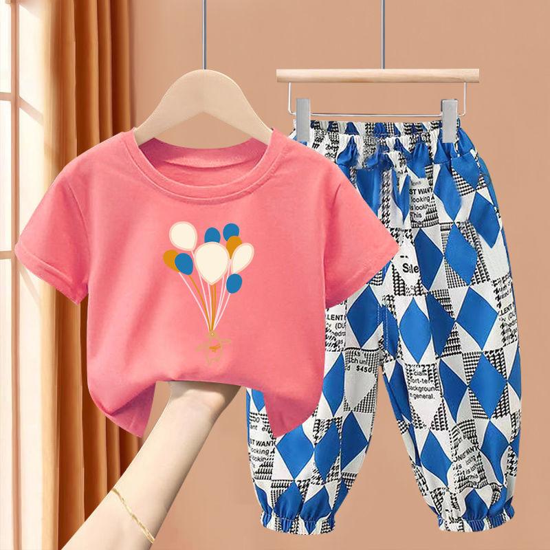 New Boys' Short Sleeve Set Medium and Small Girls' T-shirt Two Piece Set