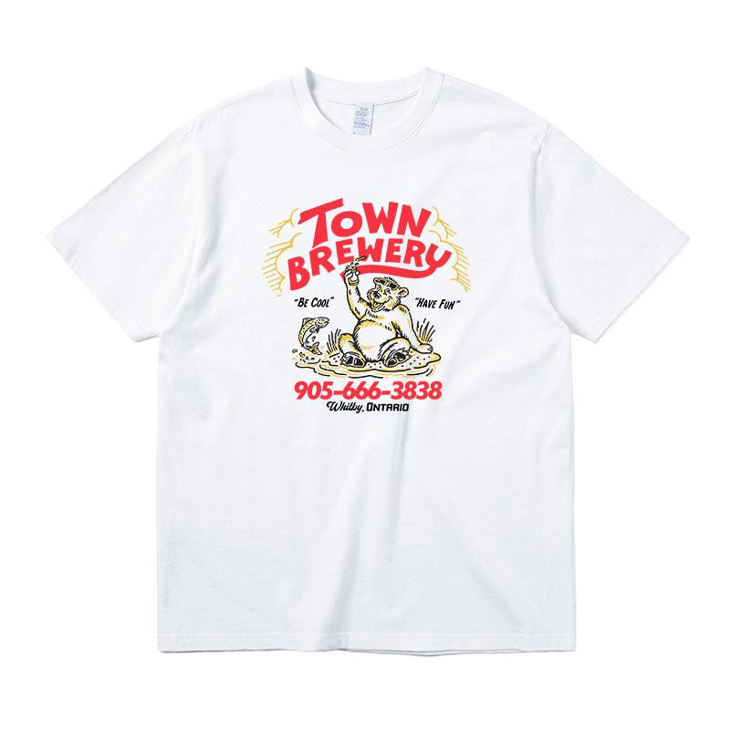 TOWN BREWERY American retro sports style bear cartoon printing pure cotton casual round neck short-sleeved T-shirt men