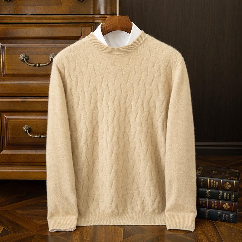 Men's Thickened Warm Cashmere Sweater - Round Neck, Solid Color, Casual Knitwear for Autumn/Winter.