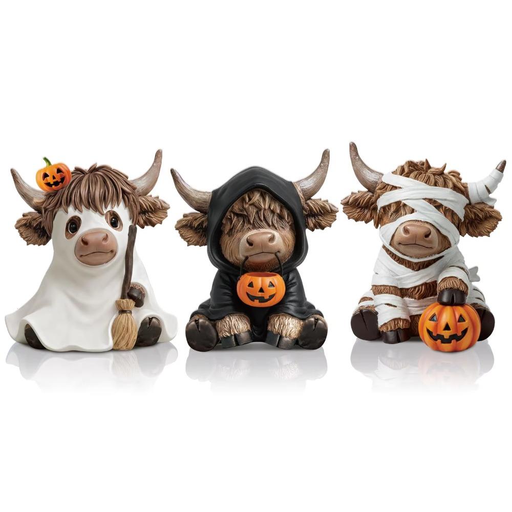 3 Halloween Highland Cow Statues, Cute Ghost Decorations, Hooded and Mummy Cow Statues with Pumpkin Decorations, for Layered Trays, Shelves