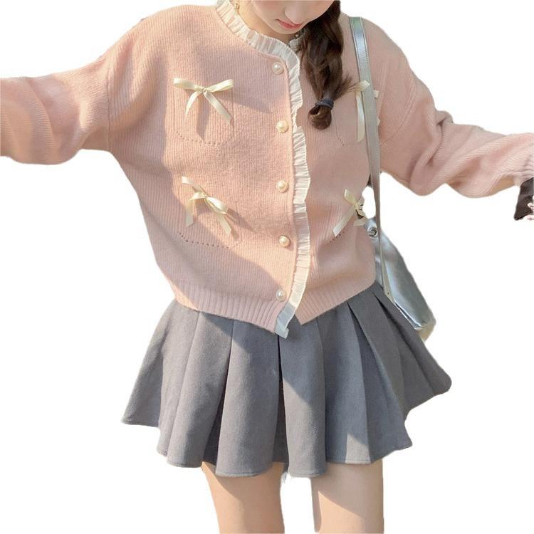 Sweet and Gentle Wind Pink Bow Knitted Sweater Top Foreign Style Sweater Spring Sweater Jacket Women