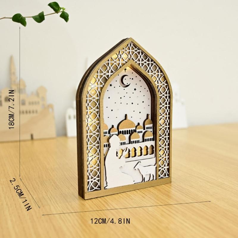EID Wooden Pendant with LED Light Ornament Islamic Festival Supplies DIY Craft Perfect for Ramazan Home Party Decoration