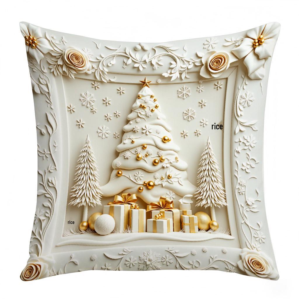 Goldener weihnachtlicher Kurzplüsch-Kissenbezug mit Schneemann-, Rentier- und Baum-Design - Festliche Heimdeko-Kissenhülle