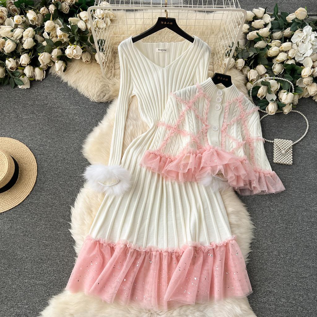 Sweet French Style Cloak Sleeves Print Set Cardigan Lace Patchwork Slim Ruffles Dress Pleated Knit Fungus Fur Suit Mujer