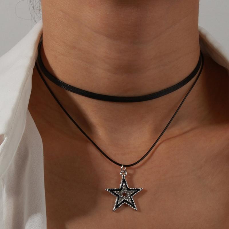 Niche Double Layer Leathers Rope Alloy Five-Pointed Star Necklace Female Hip-hop Cold Wind Long Sweater Neck Chain
