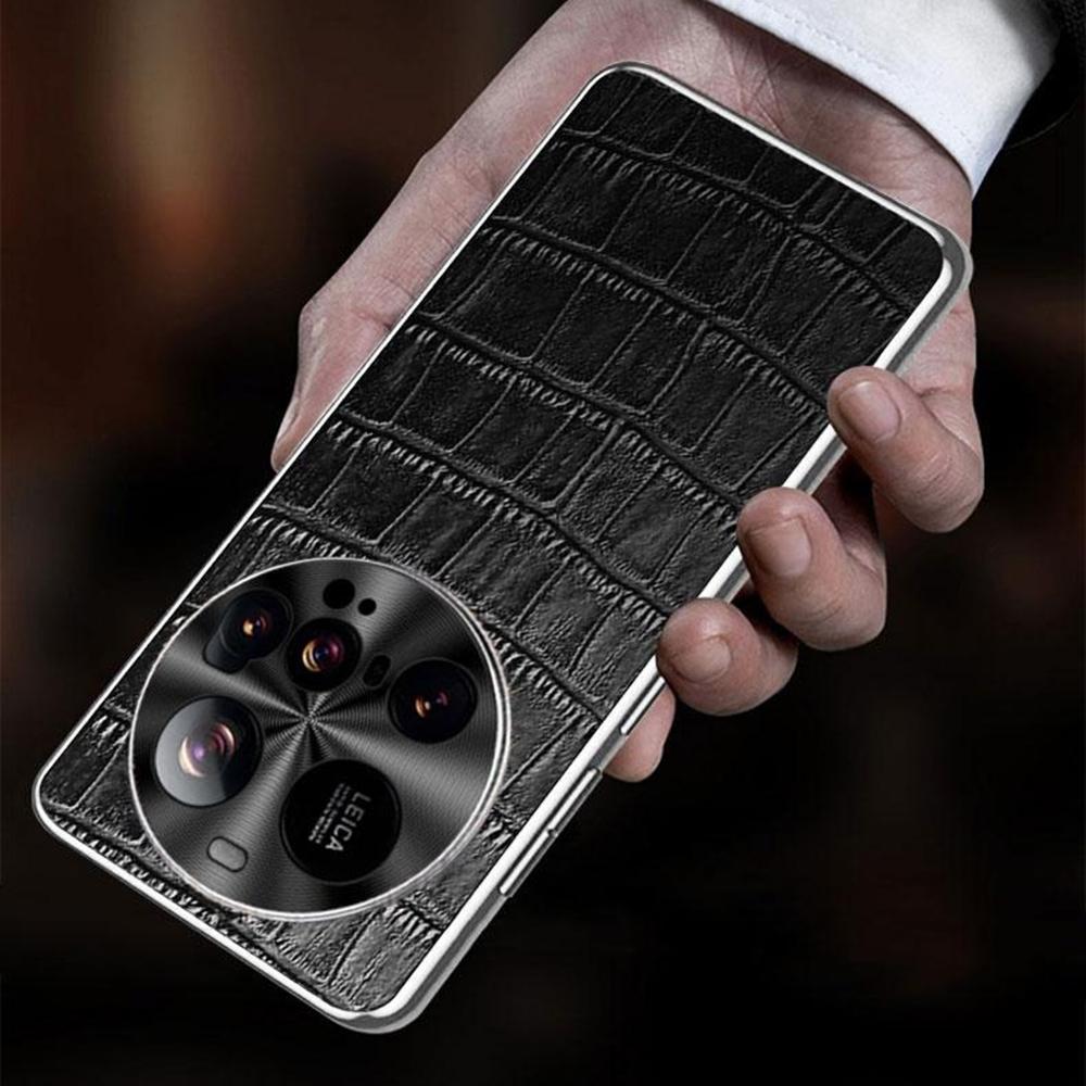 

For Xiaomi 15 Ultra Case Crocodile Texture Genuine Cow Leather+TPU+Metal Phone Cover Black